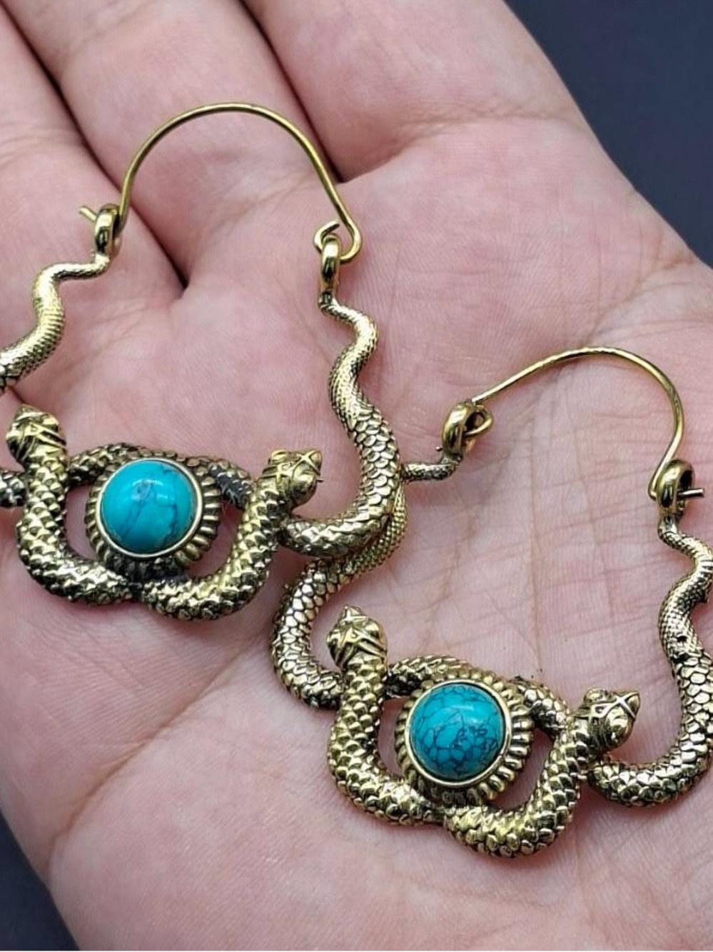 Gold-Tone Snake Hoop Earrings with Turquoise Cabochon